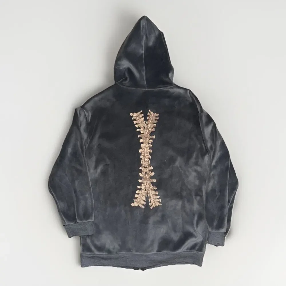 Velour Full Zip Skeleton Hoodie Gray Men’s Medium Gothic Y2K Grunge 19x25 - Picture 5 of 7